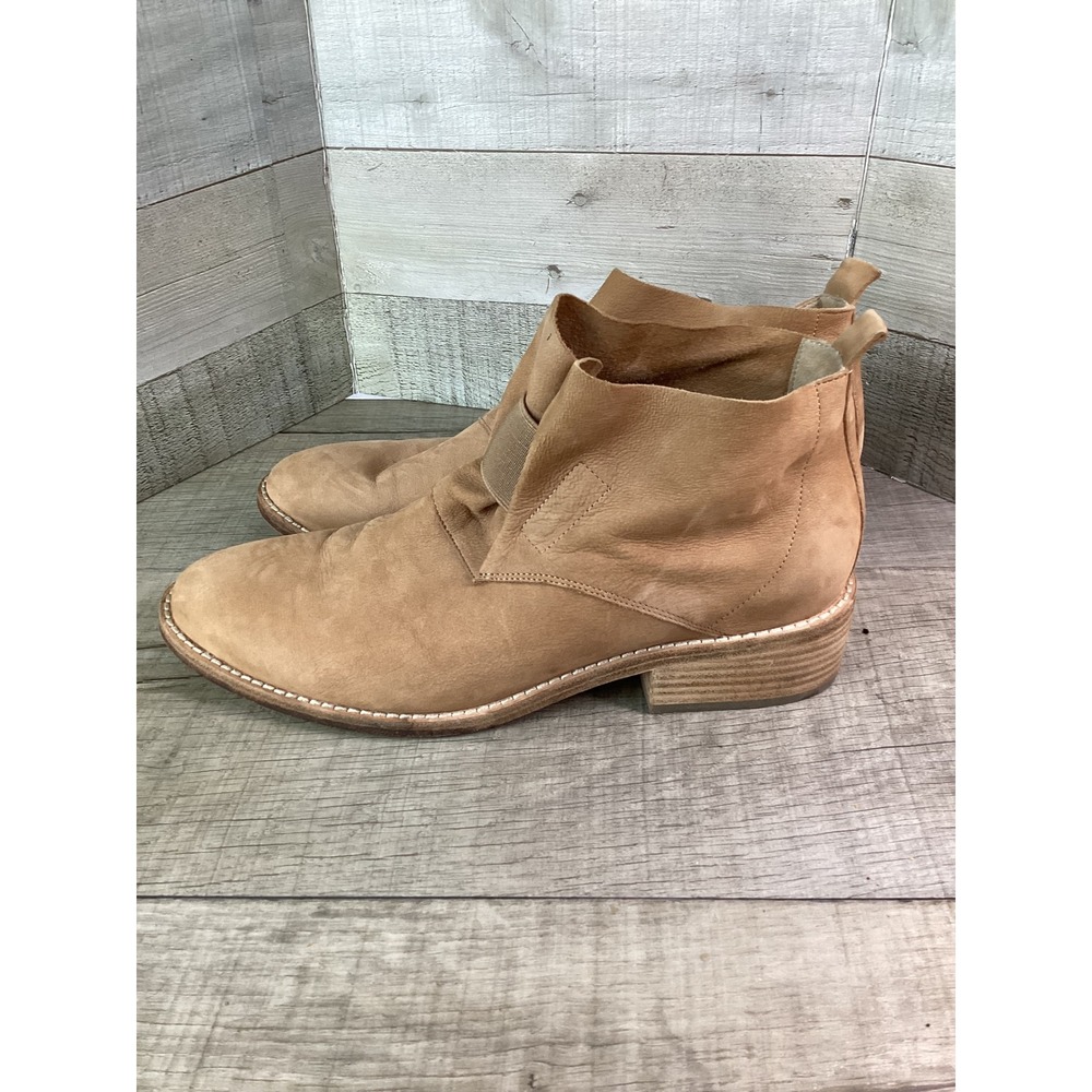 Eileen Fisher Tan Leather Ankle Boots Elastic Gore‎ Slip On Block Heel 9.5